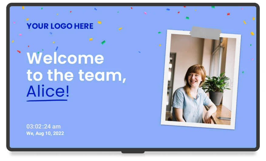 Illustrative welcome display template showing how a hotel can brand guest-facing messages