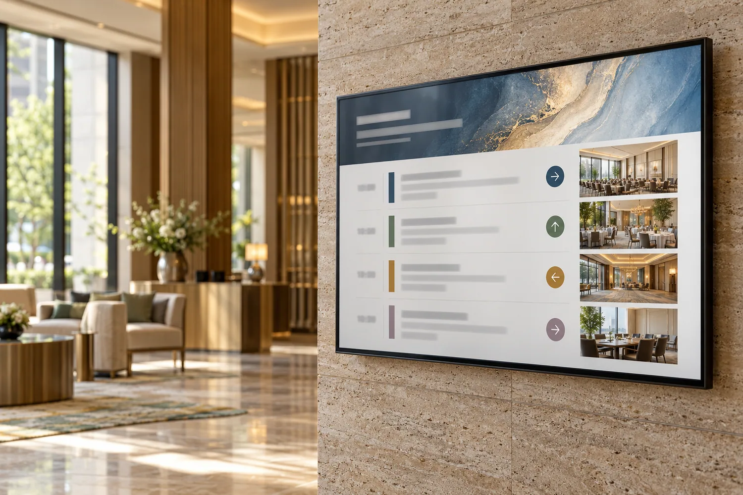 Hotel event schedule and meeting-room directions on a digital display