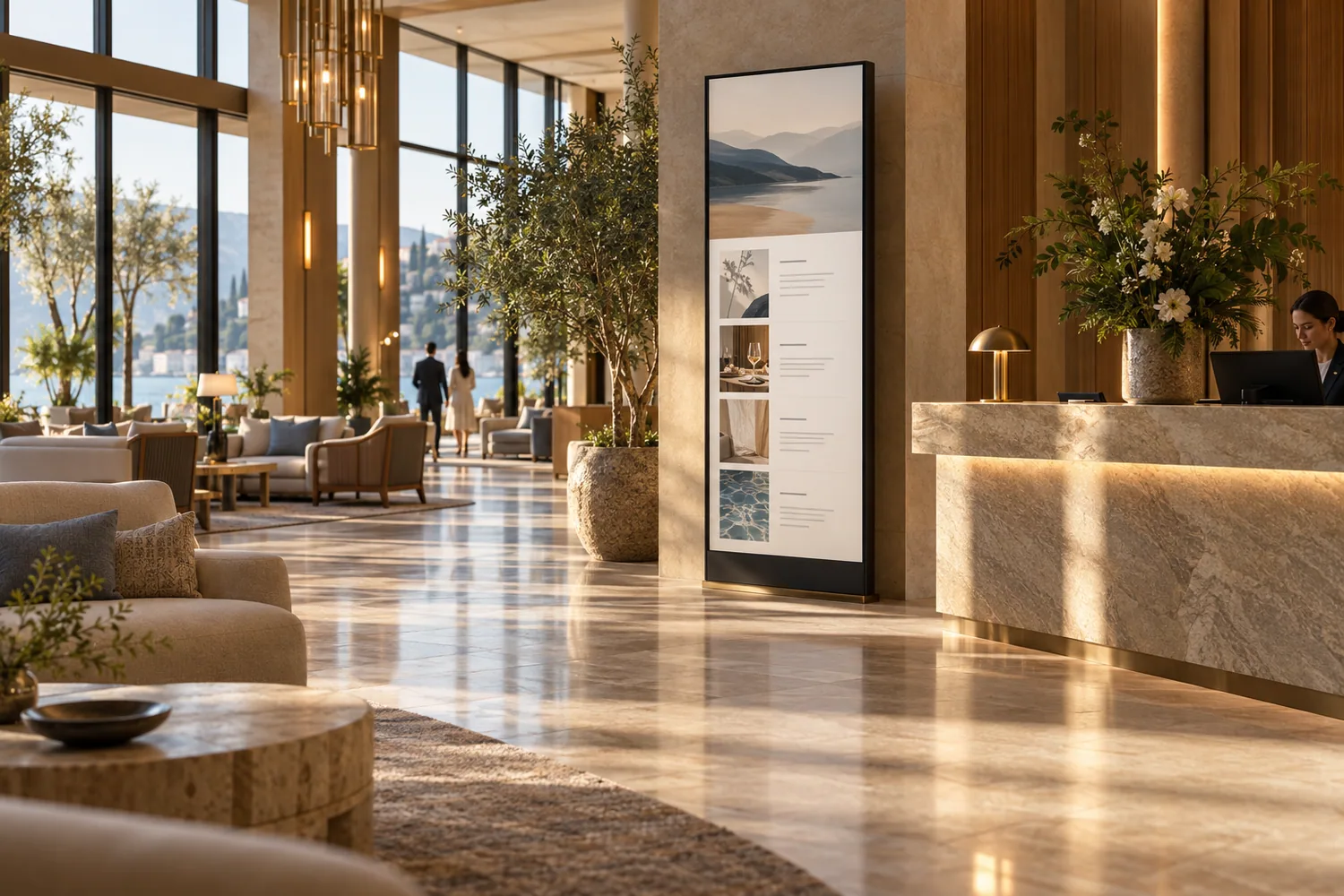 Hotel lobby welcome and wayfinding information displayed on a portrait screen