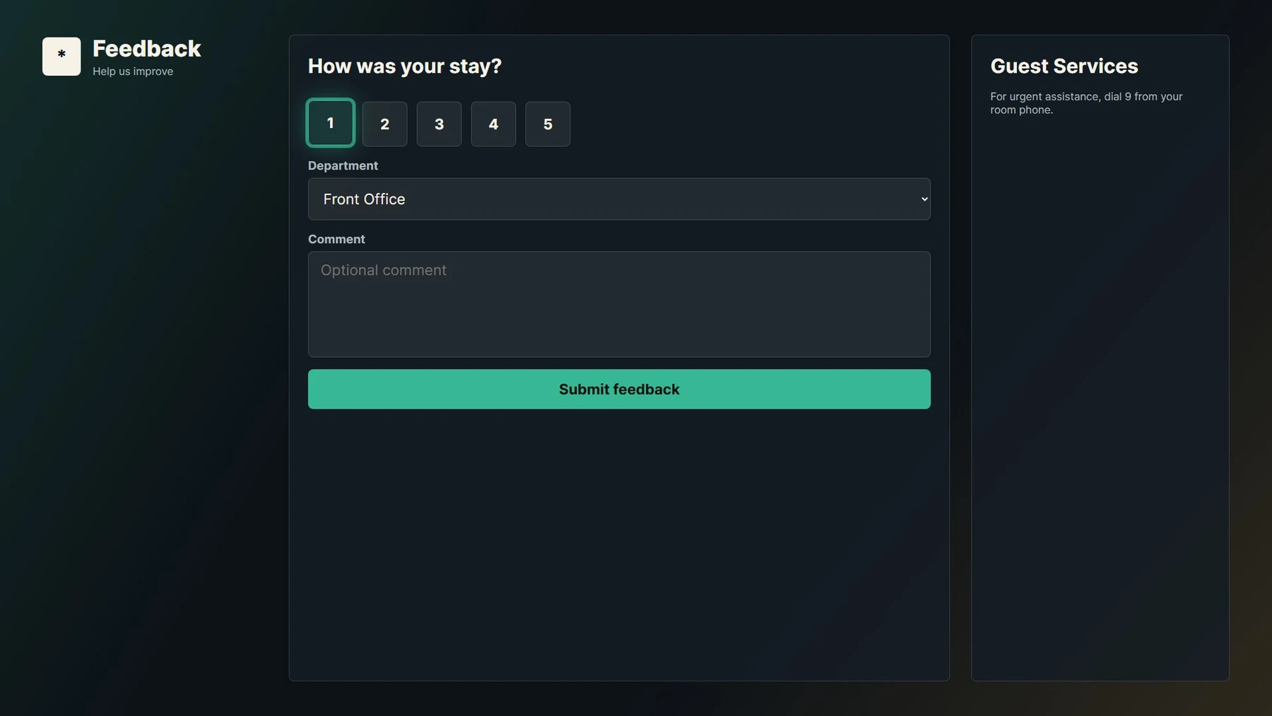Guest rating and feedback form shown on the hotel television