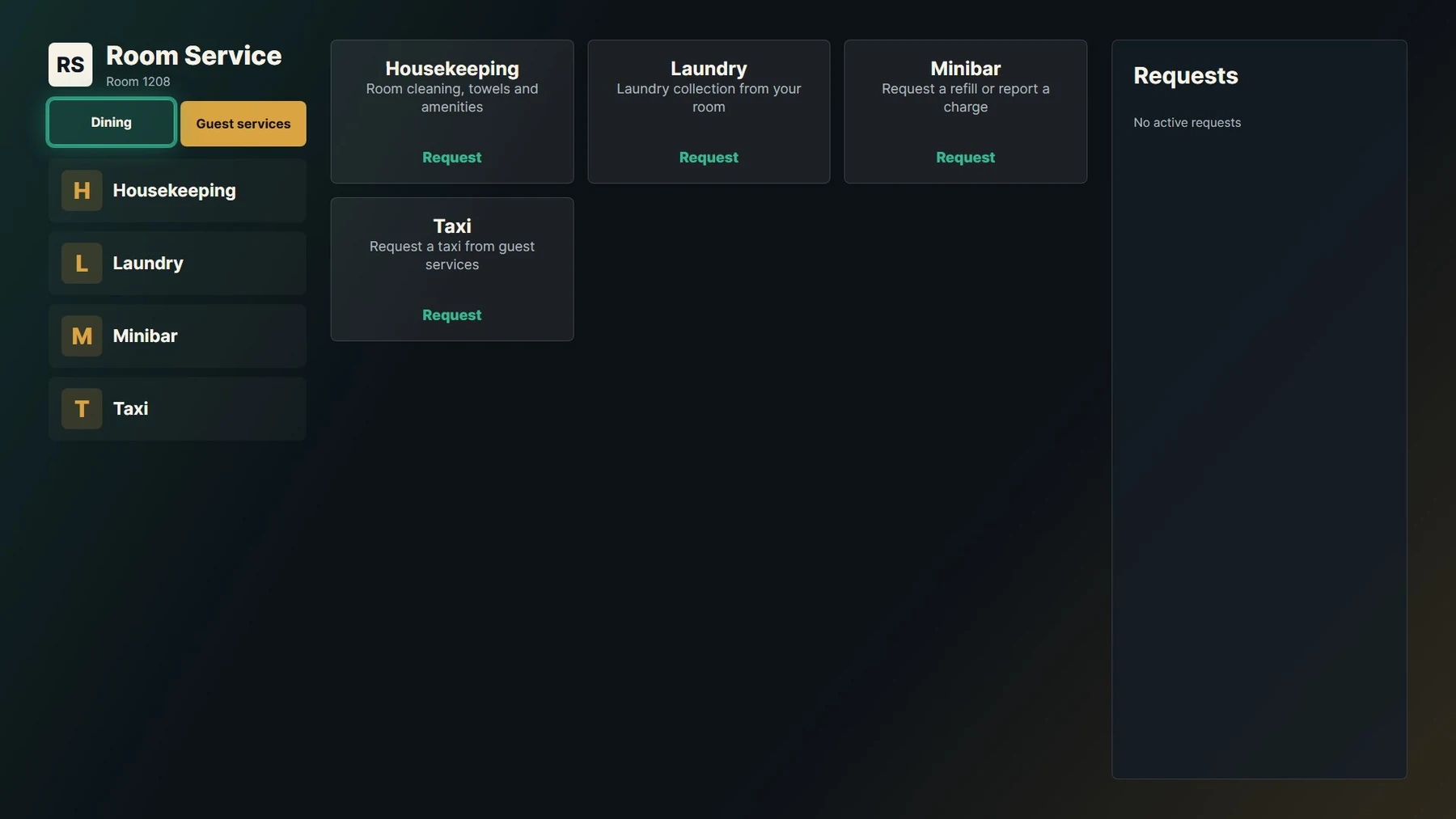 Housekeeping, laundry, minibar and taxi request options on the hotel TV