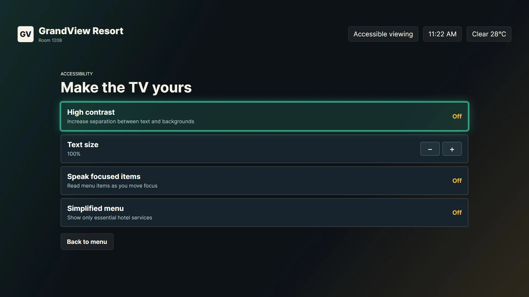 Language and accessibility settings in the TV application