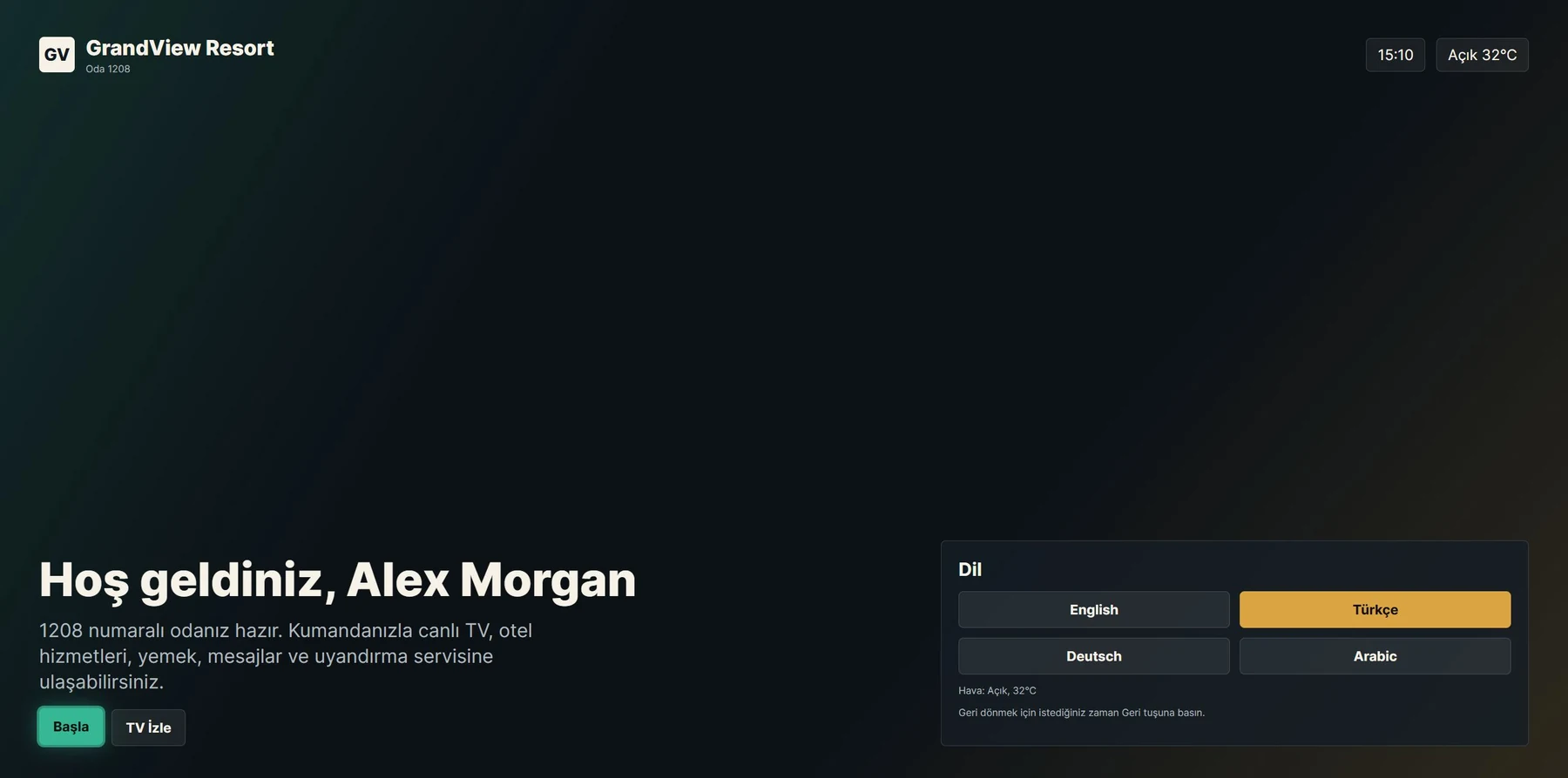 Guest welcome screen and hotel information on a Samsung Tizen television