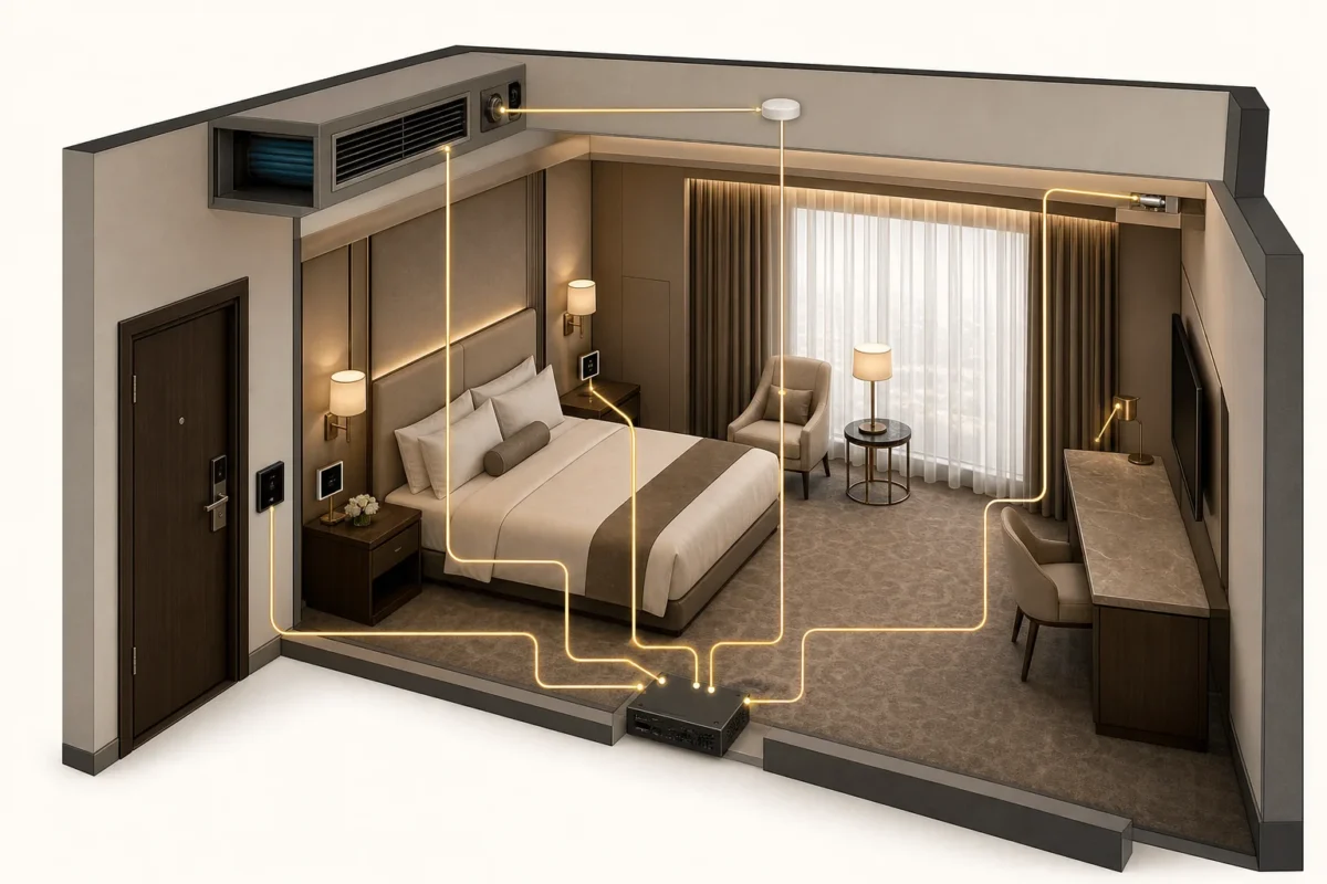 GRMS architecture connecting hotel room lighting, climate, curtains, door status and occupancy controls