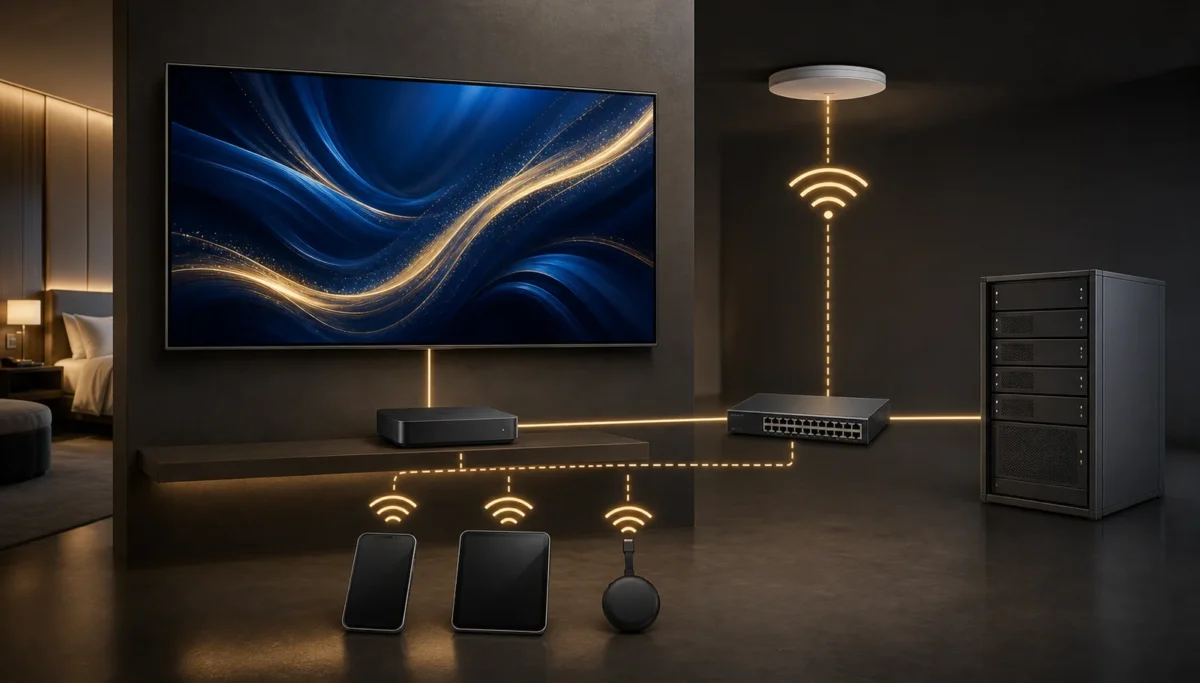 Hotel IPTV architecture connecting the guest room television, casting devices, network and central media source