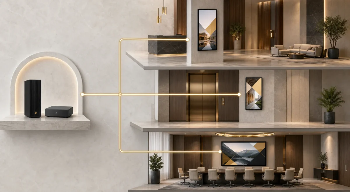 Digital signage architecture connecting hospitality displays, content management and network services