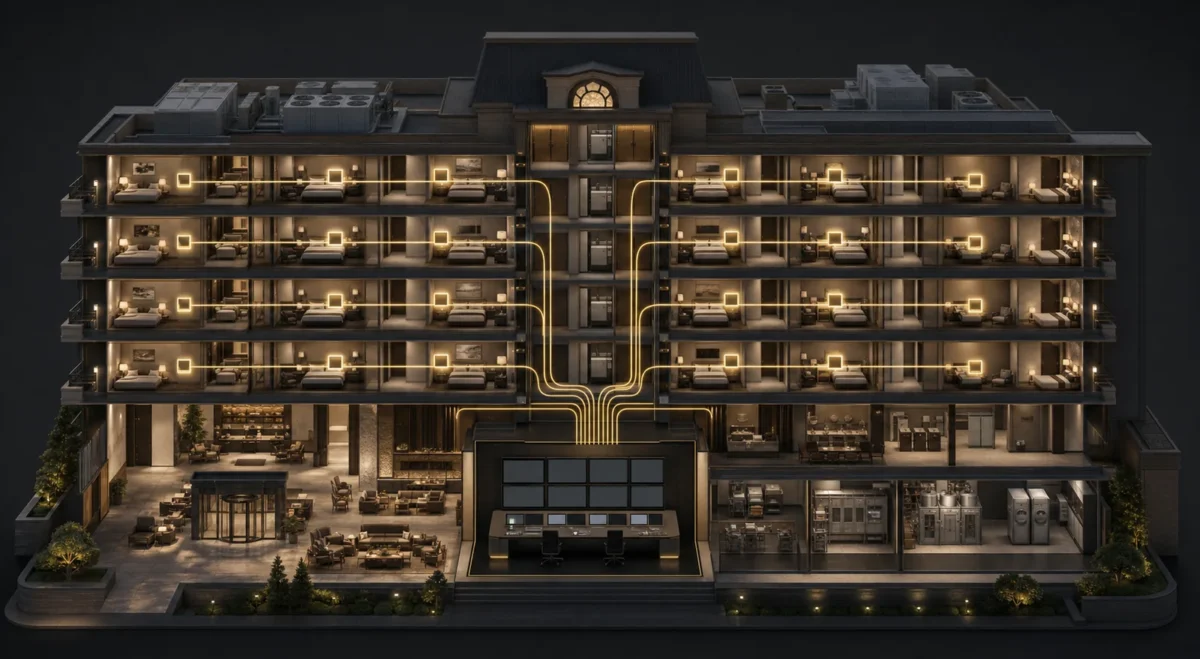 Central hotel-management architecture for connected rooms and property systems