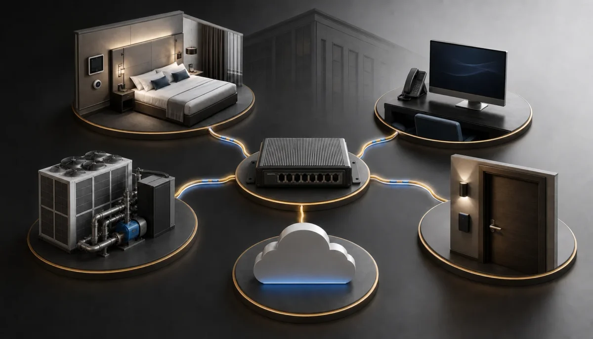 Hospitality systems integration architecture linking hotel applications and building technologies