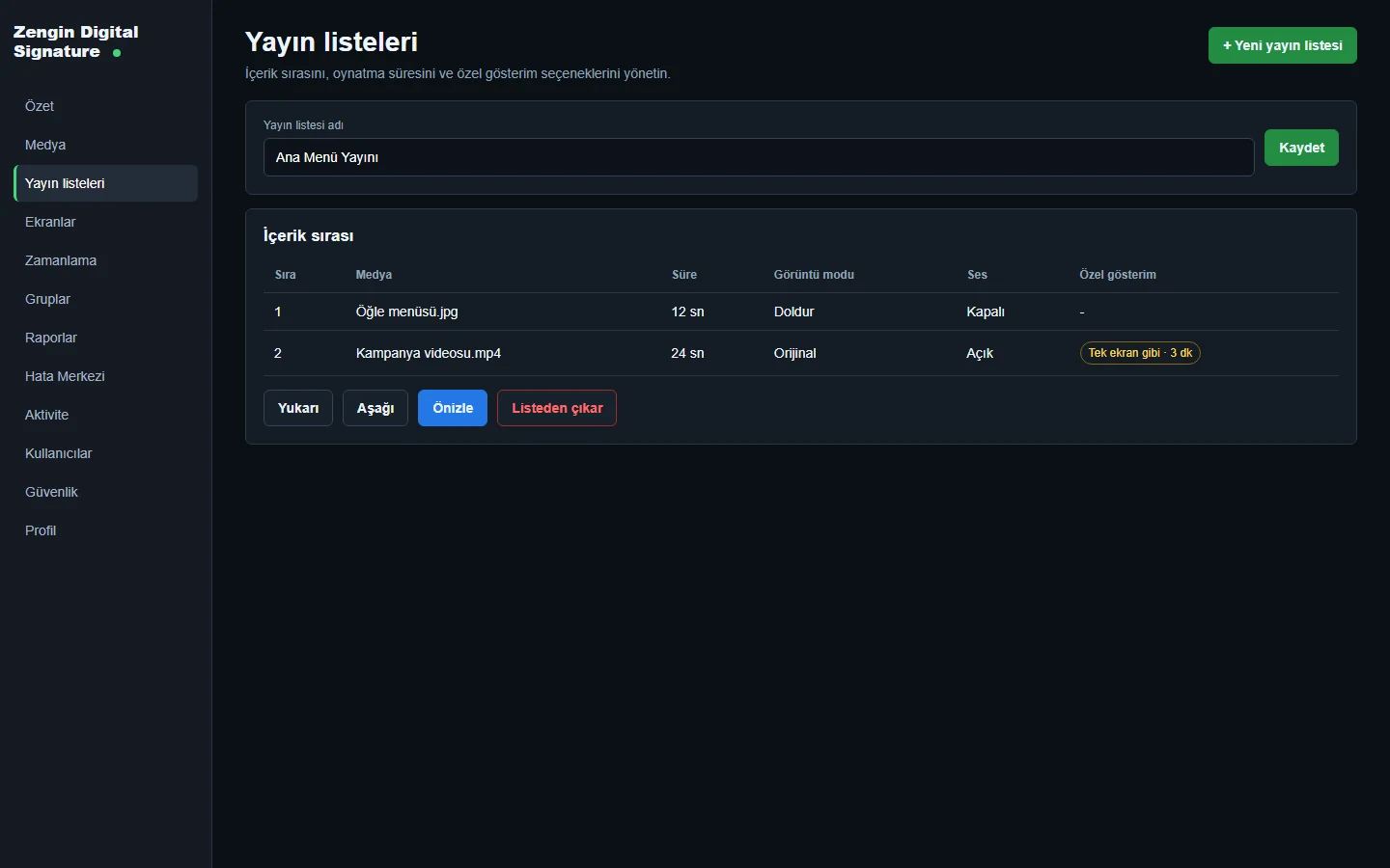 Zengin Digital Signature playlist management interface with sample media order and playback options