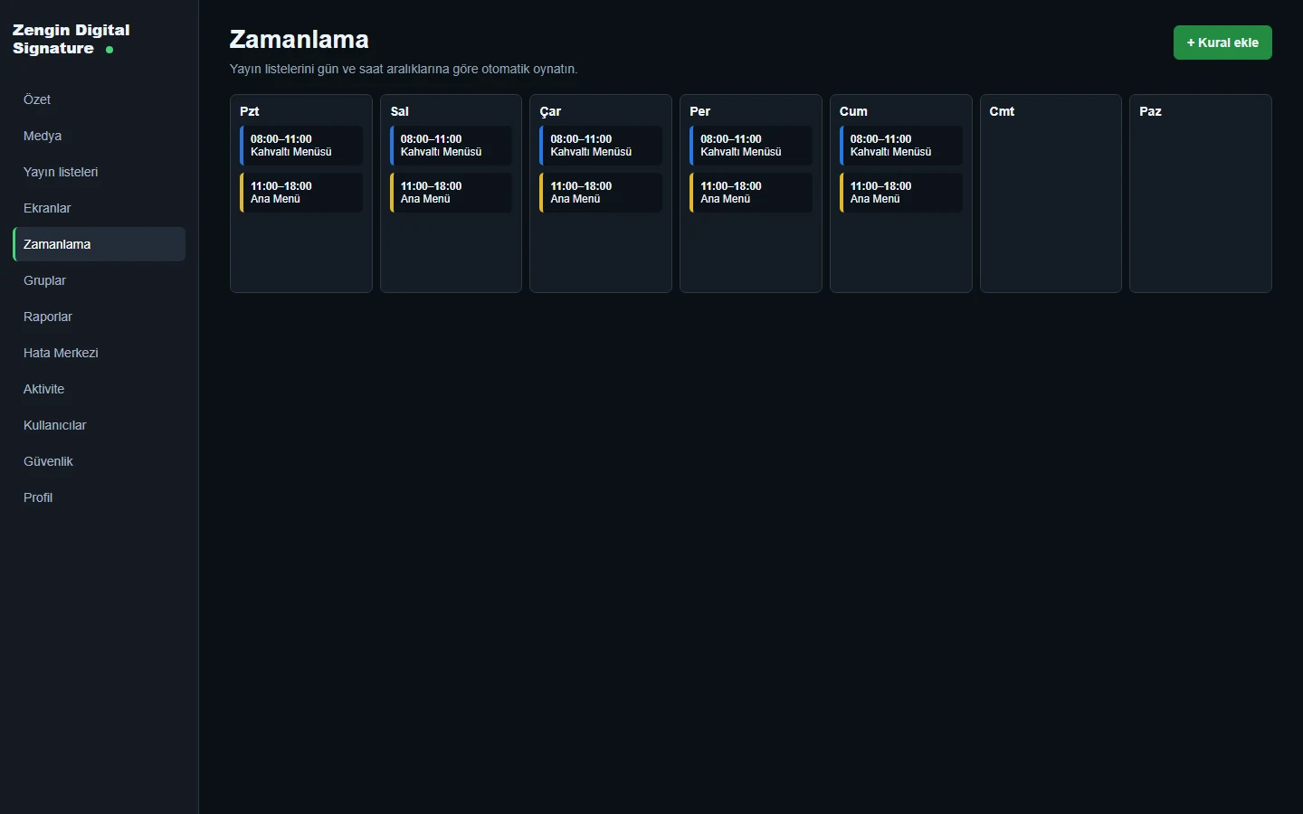 Digital signage schedule management interface for time-based publishing