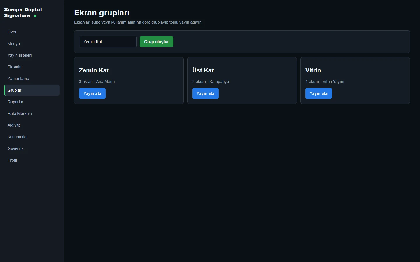 Screen grouping interface for assigning digital signage to hotel areas